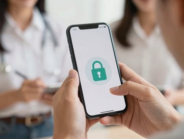 Close-up of hands holding a smartphone showing a secure lock icon on a clean interface, soft natural lighting.
