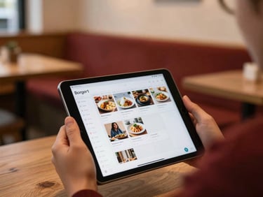 A person's hands holding a tablet displaying a social media content calendar, planning content, soft warm indoor light, cozy Scandinavian-style cafe background, shallow depth of field.