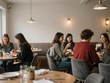 Cozy Scandinavian-style restaurant interior, warm ambient lighting, tables full of happy diners, soft focus.