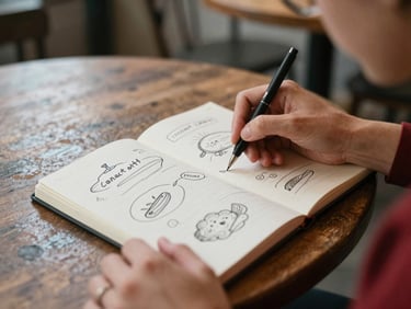 Candid environmental shot of a person sketching content ideas in a notebook, natural daylight, rustic cafe setting.
