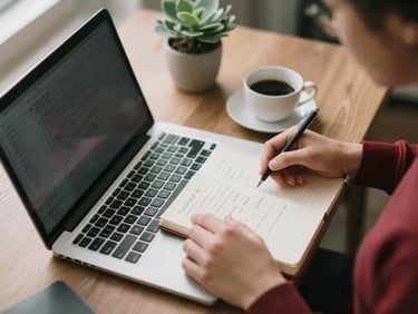 Overhead shot of hands on a laptop and notebook, planning content, surrounded by coffee and a small plant, soft natural light, cozy Scandinavian interior.