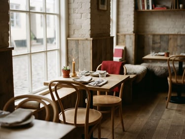 Cozy Scandinavian-style restaurant interior, empty tables, soft natural light from a large window, warm ambient glow, inviting atmosphere, shallow depth of field.