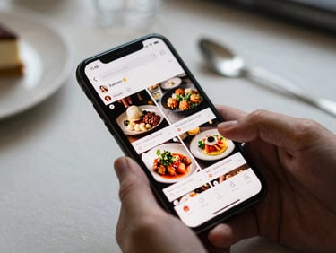 A smartphone screen displaying a vibrant social media feed for a restaurant, with hands gently holding it, soft ambient light, cozy background, shallow depth of field.