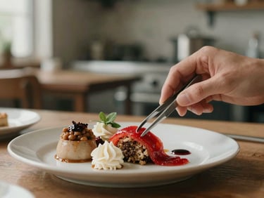 Hands styling a plate of beautifully arranged food with tweezers, soft side-light, blurred background of a cozy restaurant kitchen, muted earthy tones.