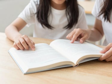 bright educational photography of hands of a parent and child reading a book together, warm academic tones