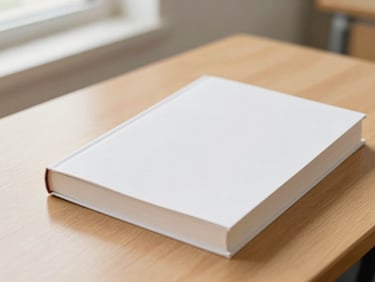 bright educational photography of a clean book mockup on a wooden desk, soft natural light