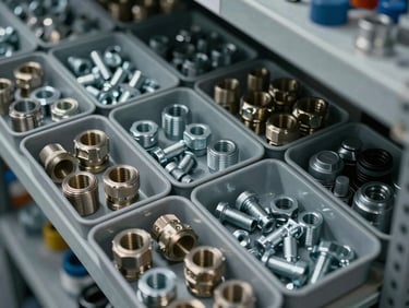 Close-up overhead view of industrial supply components — pipe fittings, fasteners, and hardware — arranged in labeled storage bins on metal shelving, cool clinical lighting, no people