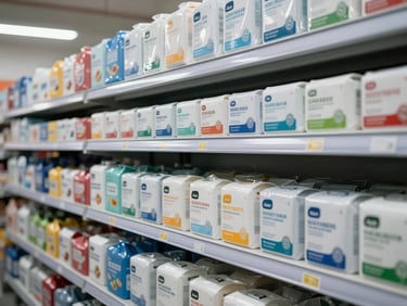 Organized rows of packaged consumer consumable goods on warehouse shelving, cool fluorescent lighting, uniform product labels visible, clean sightlines, no people