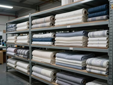 Wide shot of neatly folded and stacked textile bolts on industrial shelving, cool even overhead lighting, fabric rolls labeled and organized by category, no people