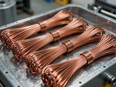 Close-up of organized, sorted copper wiring bundles and industrial metal scrap in a clean warehouse bay, high contrast, sharp details