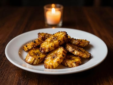 Artfully plated Ndolé with plantains, golden lighting, dark background, 35mm