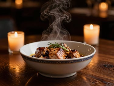 Poulet DG served in a luxury ceramic bowl, warm steam rising, soft candlelight, 35mm
