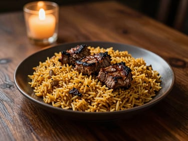 Smoky Jollof rice with grilled meat on a dark plate, golden hour highlights, 35mm