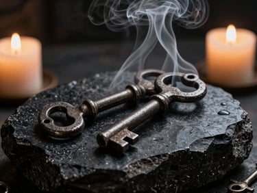 Heavy ancient iron keys resting on a raw black obsidian stone, thick smoke curling in a dark room, low-key single-source candlelight.