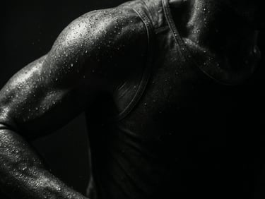 Tight macro shot of athletic movement, raw sweat, dynamic low-key lighting