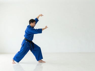 Wide shot of a fluid aikido throw, motion blur on the movement, clean white dojo, bright natural light, 35mm