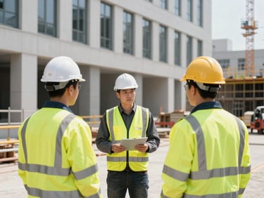 Team members in high-visibility branded safety gear on an active commercial construction site, bright daylight, sharp focus, 35mm.