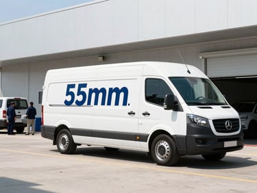 Branded commercial transport vehicle parked outside a modern facility, team members visible, bright daylight, high contrast, 35mm.