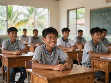 Young Filipino students smiling at their wooden desks in a bright, newly built classroom, natural window light, environmental portrait.