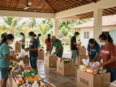 Community volunteers systematically organizing food and supply packs in a clean, spacious local hall, warm natural daylight.