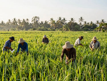 A cooperative of Filipino farmers working together in a lush green agricultural field, sunlit tropical morning, environmental portrait, 35mm lens.