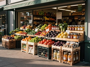Environmental wide shot of an independent food market storefront at opening time, crates of produce and specialty goods arranged on the sidewalk, morning light raking across the display from the right