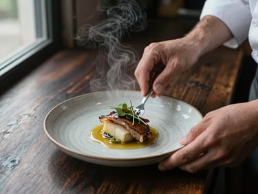 Close overhead shot of a chef's hands plating a dish on a worn ceramic plate, steam rising, natural window light from the left, dark wooden counter visible beneath, moody and tactile