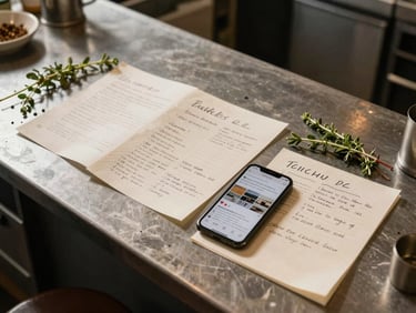 Wide overhead flat-lay of a small restaurant kitchen counter — handwritten prep notes, a phone showing a social media draft, scattered herb sprigs under warm natural light