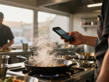 Agency team member holding a phone at arm's length in a working restaurant kitchen, framing a shot of a steaming cast iron pan, golden-hour light through a back window, documentary style