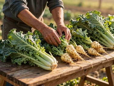 Wide shot of a farmer's hands arranging bundles of kale and root vegetables on a wooden farm stand table at golden hour, long shadows across the produce, soft warm backlight