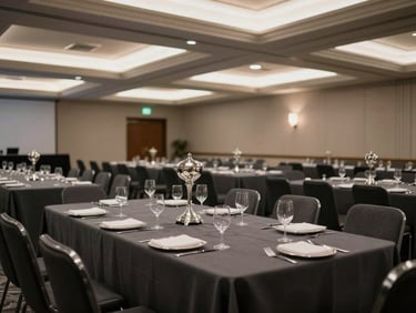 Wide medium shot of a formally set corporate gala table in a high-ceiling event hall, charcoal linens, polished silver centerpieces, ambient track lighting, no guests, moment before service
