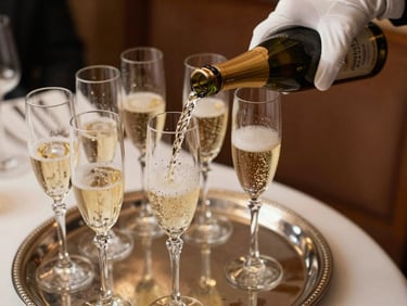 Close-up overhead of a gloved hand pouring Champagne into a crystal flute on a silver tray, other filled flutes alongside, warm ambient ballroom light, cream and gold tones throughout