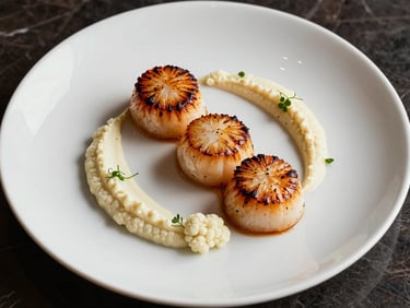 Overhead close-up of seared scallops on a white luxury plate with a swirl of pale cauliflower purée, micro herbs scattered precisely, warm amber studio light from above, dark marble surface beneath
