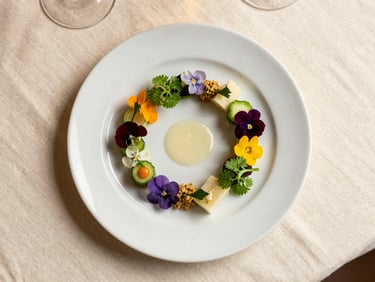Overhead flatlay of a seasonal tasting course presentation — a white plate with an elegant arrangement of spring vegetables, edible flowers, and a pale emulsion, photographed under warm diffused natural light on a cream linen tablecloth