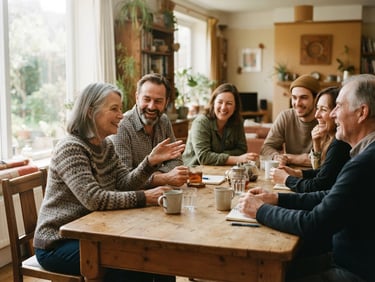 Documentary photography of a small group of people sitting around a warm wooden table in a sunlit room, candid conversation, natural light, 35mm film grain