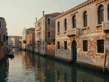 Wide environmental shot of a quiet Venetian canal at early morning, warm amber light catching stone facades on the right, still water reflecting the architecture, no tourists — cinematic documentary framing