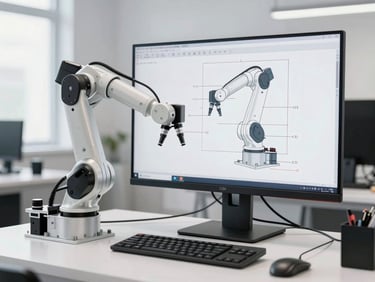 A clean CAD diagram of a robotic arm displayed on a monitor in a bright modern workshop, tools visible on the desk
