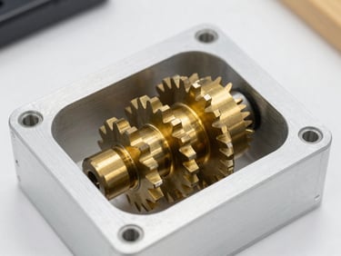Macro shot of a high-torque brass gear assembly inside a custom aluminum frame, bright workshop daylight, technical details