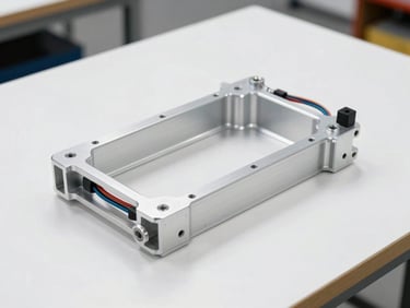 Crisp workshop photography of an aluminum robot chassis on a clean white workbench, exposed wiring harnesses, daylight casting sharp technical shadows.