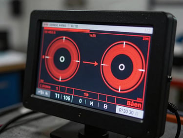 Macro shot of a digital diagnostic screen displaying vehicle brake performance metrics inside a dark workshop, illuminated by sharp red interface graphics.