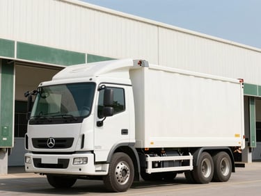 A spotless modern white distribution truck parked outside a clean commercial loading bay under bright morning sunlight.
