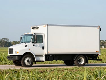 A spotless modern white refrigerated delivery truck driving past a sunlit green Florida pasture under bright morning light