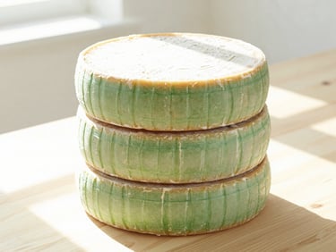 Structured artisan cheese wheels stacked on a clean, light wooden table, bright morning light, 50mm lens.