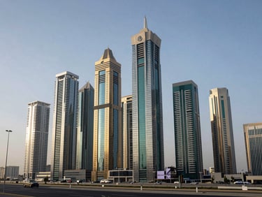 Wide architectural shot of the Sheikh Zayed Road skyline and high-rise towers in Business Bay, captured in sharp daylight.