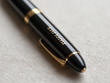 Macro shot of physical luxury stationery with gold foil lettering resting on a textured linen surface under soft natural daylight.