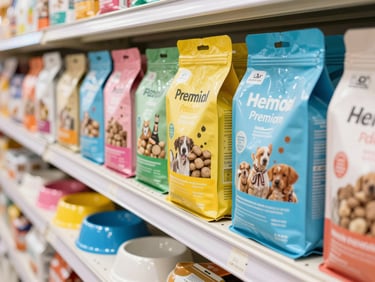 Bags of premium pet food and treats, with a colorful pet bowl, in a well-lit, clean store aisle, vibrant and clear.