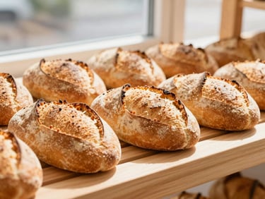 Warm, crusty artisan bread loaves on a wooden display, golden light from a nearby window, shallow depth of field.