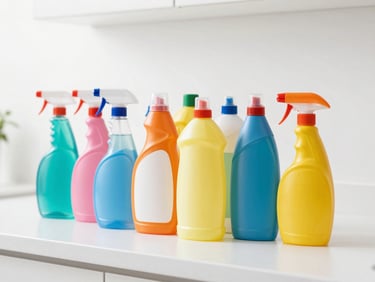 Array of colorful, eco-friendly cleaning product bottles on a white countertop, bright, clean light, organized and pristine.