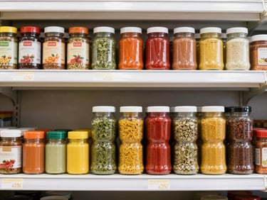 Neatly stacked colorful spice jars and canned goods on a clean pantry shelf, bright supermarket lighting, structured grid layout.