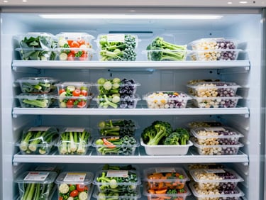 Organized freezer aisle with packages of frozen vegetables and ready meals, clean commercial lighting, cool blue tones.